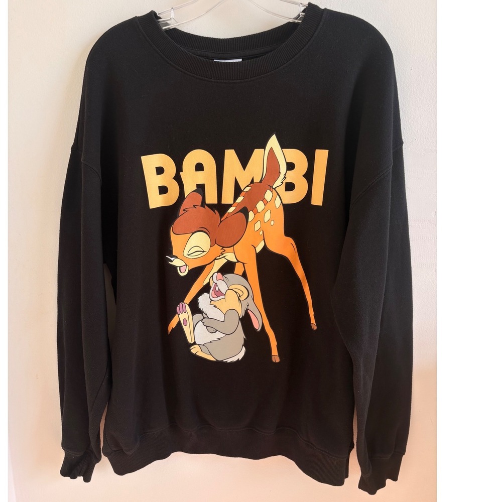 Disney Bambi Thumper Sweatshirt Black Crewneck Oversized Retro Cartoon OSFA